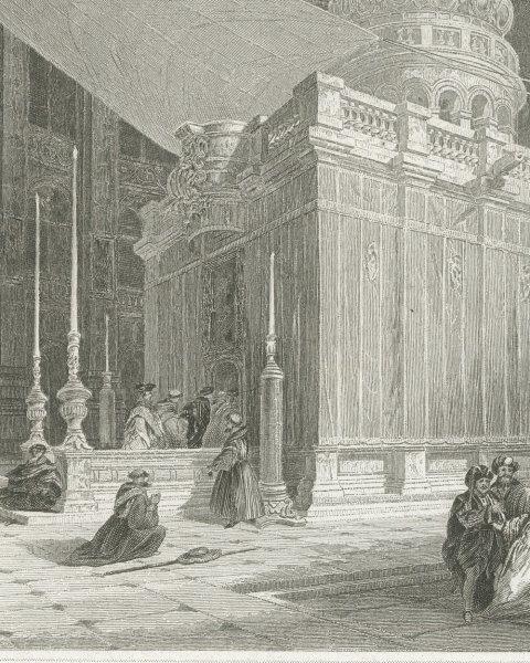 The Holy Sepulchre, Jerusalem, Antique Interior View of the Rotunda, circa 1850, close-up 1