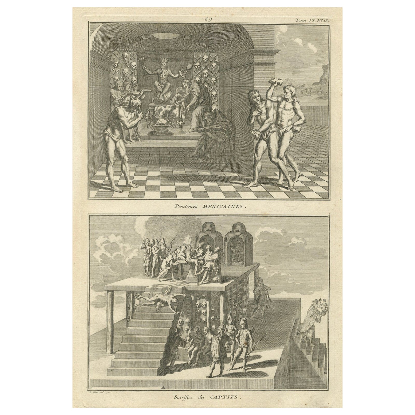 Mexican Penitence and Human Sacrifice, 1734 Engraving of Aztec Religious Rites