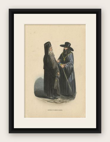 Antique Costume Print of a Priest and Monk from Russia by Wahlen, 1843, shown framed