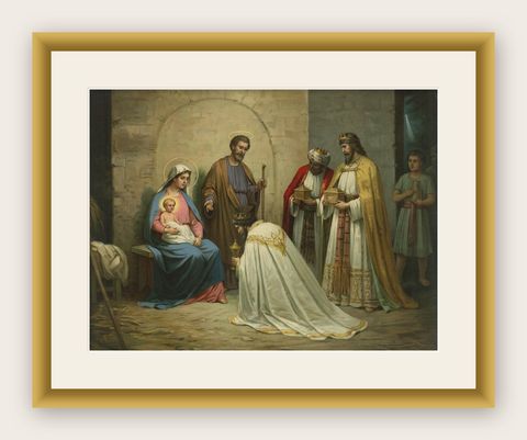 Holy Family and Three Kings, c.1900 German Religious Chromolithograph, shown framed