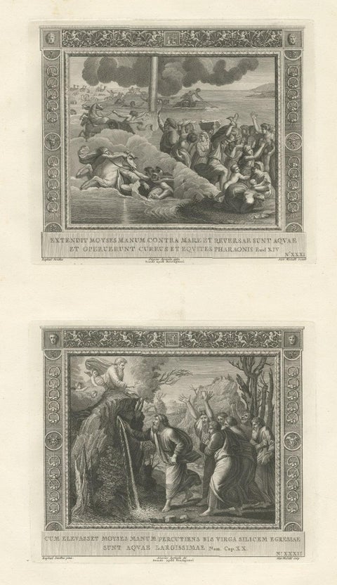 Religious Old Print of Moses Making Water & The Crossing of the Red Sea, ca.1850, close-up 1