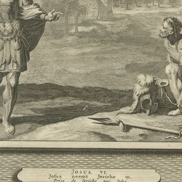 Joshua Meets the Angel and the Fall of Jericho, Mortier Bible circa 1700, close-up 2
