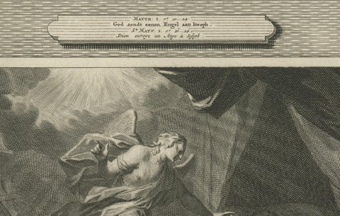 Birth of John the Baptist & Angel Appearing to Joseph, Pieter Mortier, ca. 1700, close-up 1