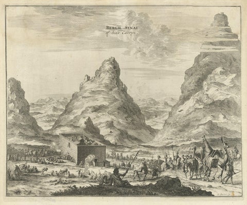 Rare Engraving of Mount Sinai with St. Catherine's Monastery and Bedouins, 1680, close-up 1