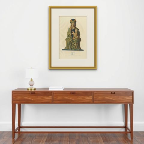 Antique Print of Madonna with Her Child by Delange '1869', shown framed on a wall, true to size