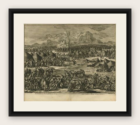 Antique Bible Print the Punishment of Korah, Dathan and Abiram by J. Luyken, shown framed