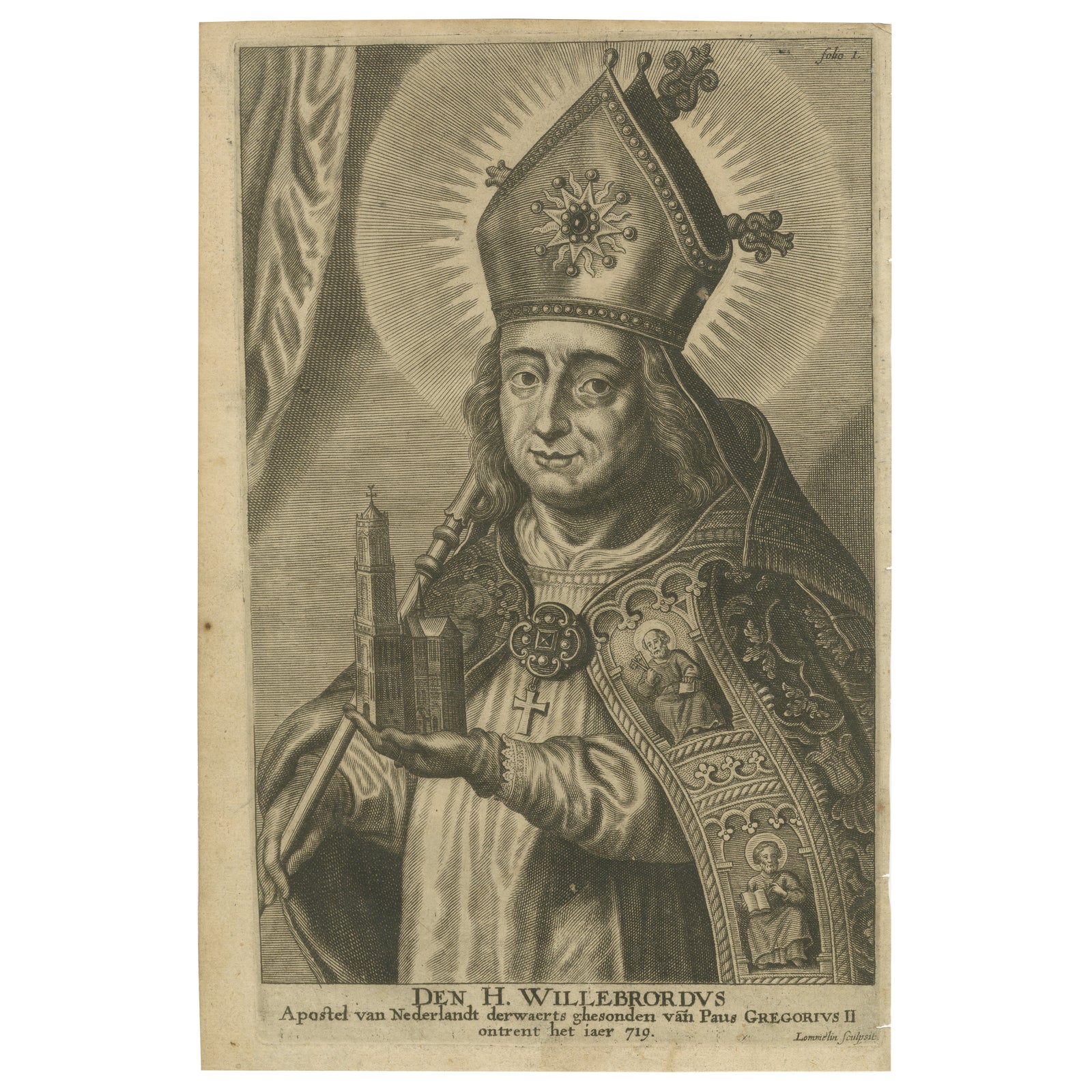 Engraving of Saint Willibrord by Robert Lommelin, Apostle to the Frisians, 1667