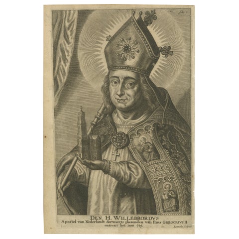 Engraving of Saint Willibrord by Robert Lommelin, Apostle to the Frisians, 1667