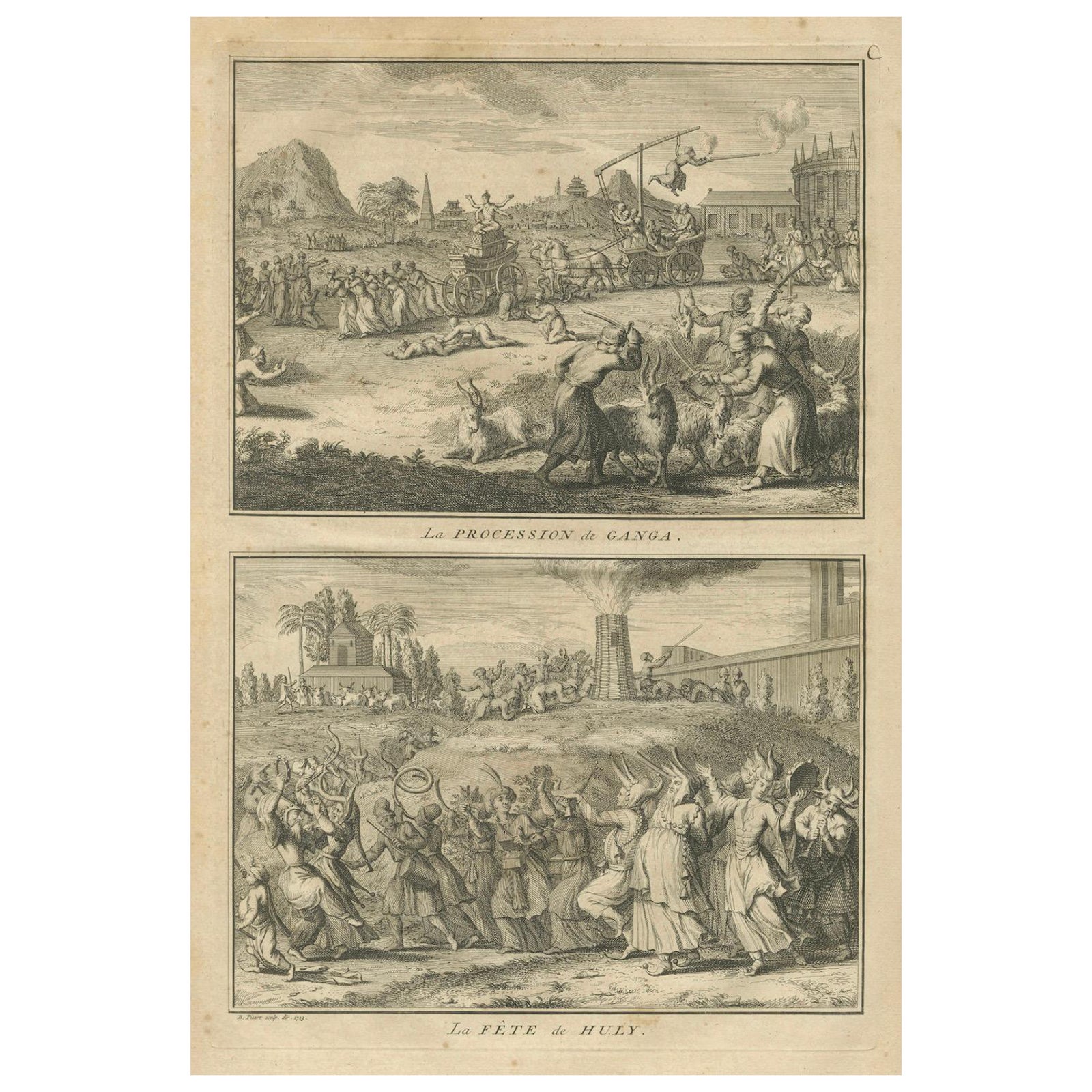 Procession of Ganga and Festival of Huly, Antique 18th Century India Engraving