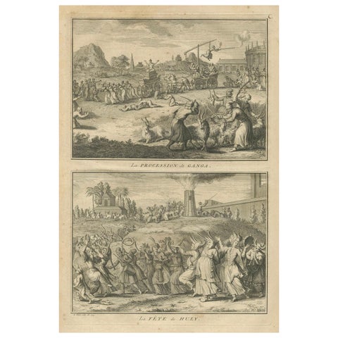 Procession of Ganga and Festival of Huly, Antique 18th Century India Engraving
