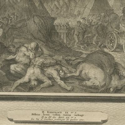 Angel Destroys the Assyrian Army and Hezekiah's Recovery, Mortier, circa 1700, close-up 2