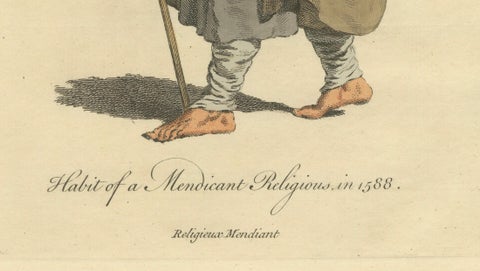 Mendicant Religious Costume Engraving, Pilgrim Monk, 1588, Published in 1749, close-up 4