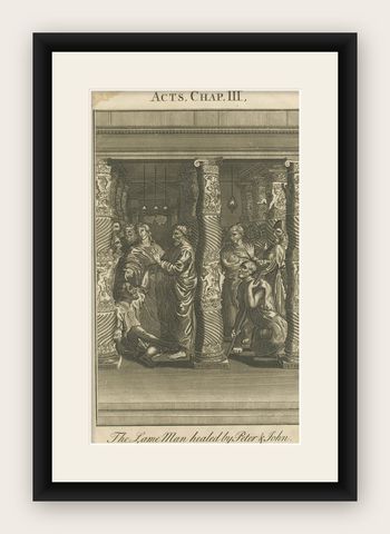 Peter & John Heal the Lame Man, Acts III Engraving c.1735, shown framed