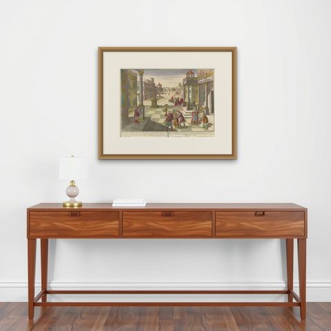 Optica Print of Joseph Sold to Potiphar in Egypt, circa 1770, Biblical Scene, shown framed on a wall, true to size