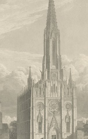 Mariahilfkirche, Au, Munich, Antique Steel Engraving after L. Lange, circa 1840, close-up 3