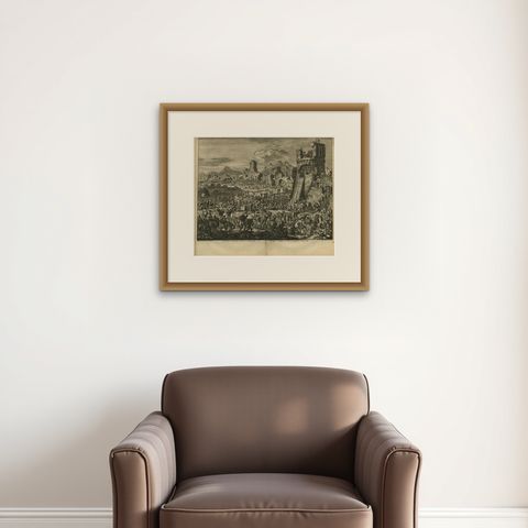 Antique Bible Print Rebuilding Jerusalem, 1743, shown framed on a wall, true to size