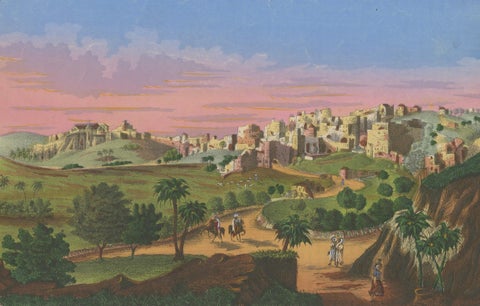 Romantic Antique View of Bethlehem Holy Land under a Pink Sunset, ca. 1850, close-up 2
