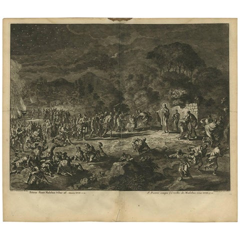 Antique Bible Print Peter Cuts off the Ear of Malchus, 1743