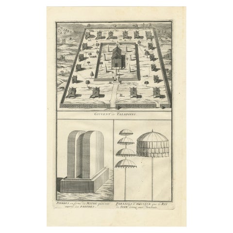 Buddhist Talapoins next to Pagodas and Parasols given by the King of Siam, c1730