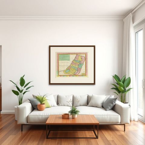 1732 Henri Chatelain Map of the Holy Land Divided Among the Tribes of Israel, shown framed in a room, true to size