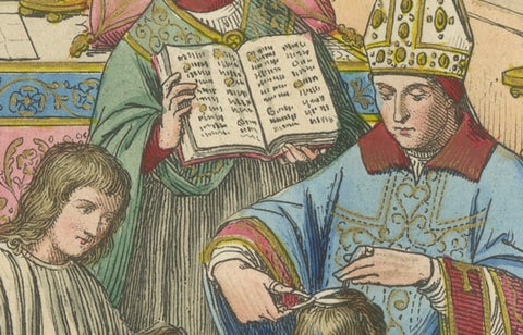 Antique Hand-Colored 1845 Engraving of Medieval Church Ceremony, France, close-up 3
