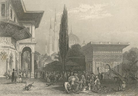 Antique Constantinople Street Scene Print, Ottoman Market Mosque View, c.1850, close-up 3