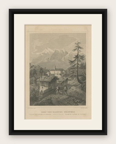 Antique Print of the Village and Monastery of Pfäfers, Switzerland, shown framed