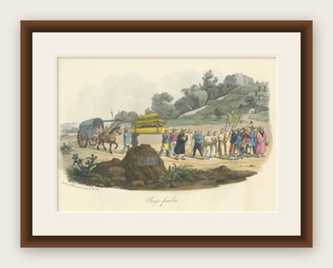 Antique Print of a Chinese Funeral, shown framed