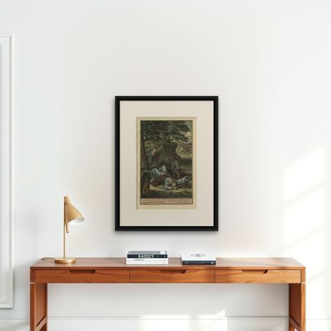 Original Antique Print Showing the Prophet Killed by a Lion 'I Kings XII', 1728, shown framed on a wall, true to size