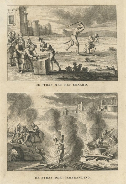 Print of Religious Punishments with the Sword and Fire, Incl Decapitating, 1731, view 3