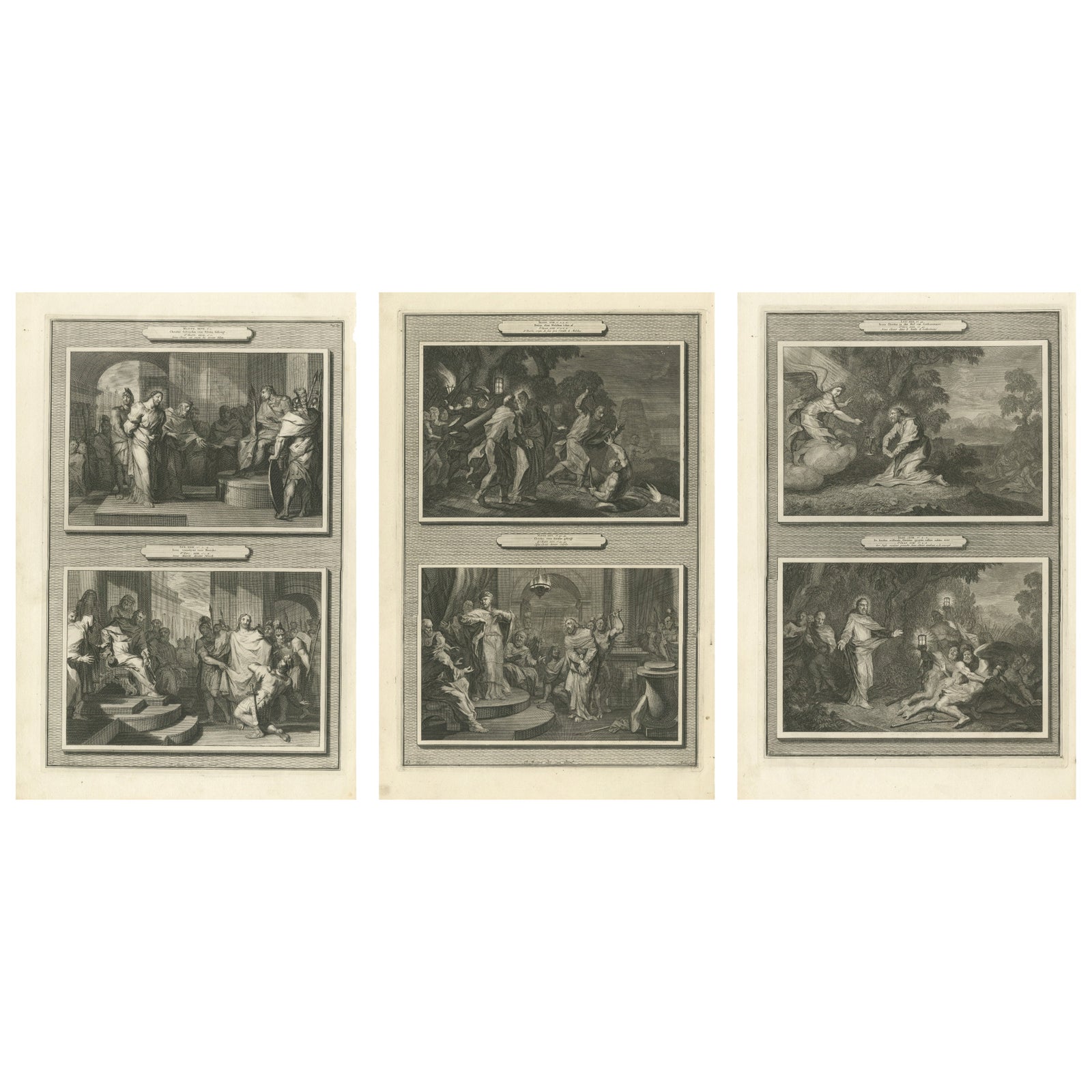 Dutch Baroque Life of Christ, 3 Double-Scene Biblical Engravings, ca 1700