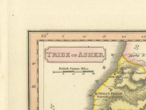 Hand-Colored Antique Map of the Tribe of Asher, Wyld, 1823, close-up 1
