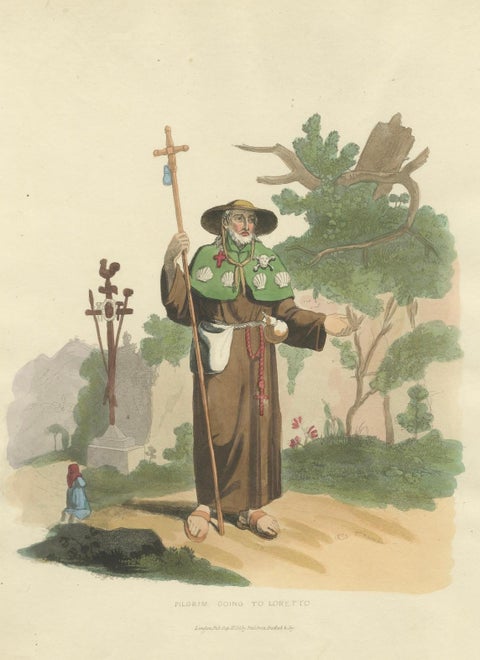Pilgrim Going to Loretto in Italy, Hand-Coloured Print by R. Bridgens, 1835, close-up 4