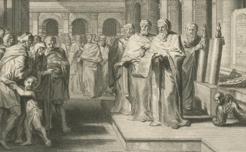 Antique Biblical Engravings, Tribute to Caesar & Reading of the Law, ca.1700, close-up 1