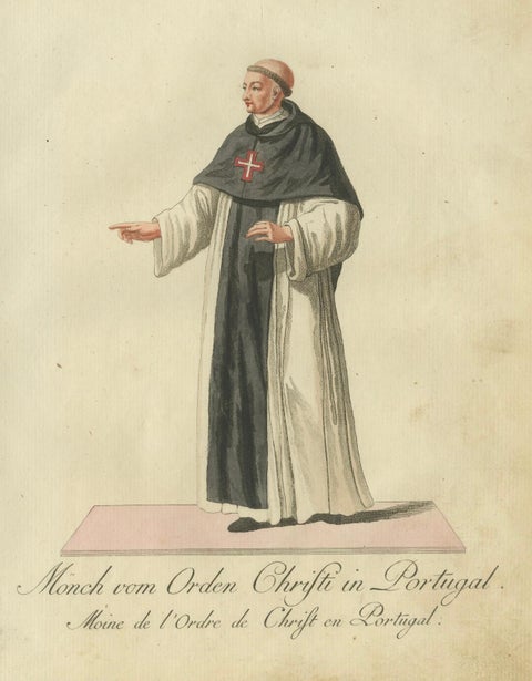 Monk of the Order of Christ in Portugal, Historic 18th-Century Engraving, close-up 3