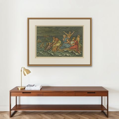 Antique Religion Print of the Flood or Deluge '1913', shown framed on a wall, true to size