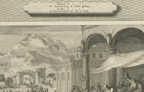Census of Bethlehem & Christ’s Nativity, Mortier Engraving, 1700s, close-up 3