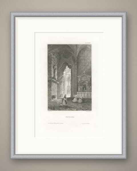 Antique Interior View of Batalha Monastery, Portugal, Engraving, circa 1850, shown framed