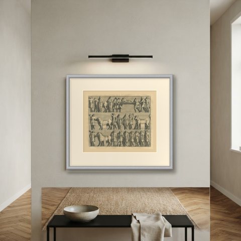 Roman Sacrificial Procession with Bulls and Axe Bearers, Montfaucon, 1722, shown framed on a wall, true to size