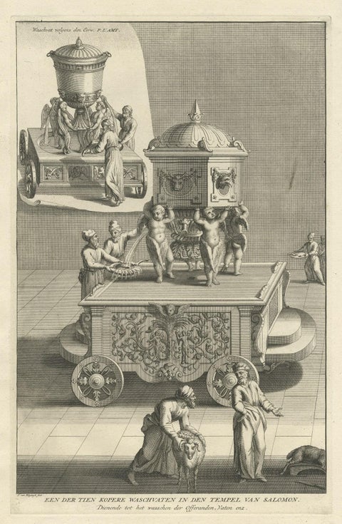 Antique Engraving of One of the Ten Brass Lavers in Solomon's Temple, 1725, close-up 1