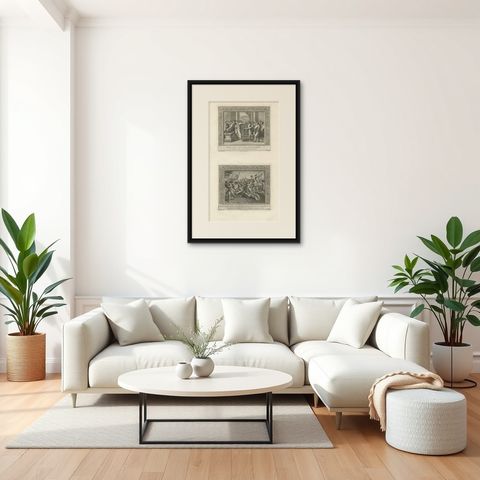 Old Religion Engraving of the Consecration of David and of David and Goliath, shown framed in a room, true to size