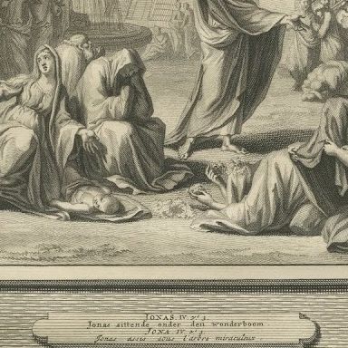 Jonah Preaches at Nineveh and Jonah Under the Gourd, Mortier Bible circa 1700, close-up 2