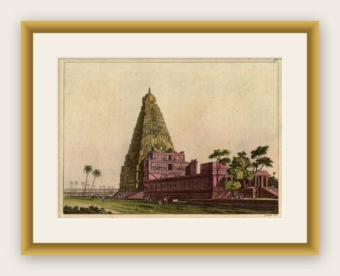 Rare and Hand Colored Engraving of A Temple in South East Asia, 1827, shown framed