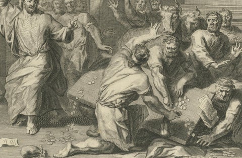 Miracles of Christ, Wedding at Cana & Cleansing of the Temple, P. Mortier, 1700, close-up 1