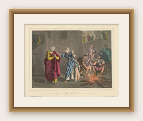 Antique Religious Print "No. 30" the Denial of Peter, circa 1840, shown framed