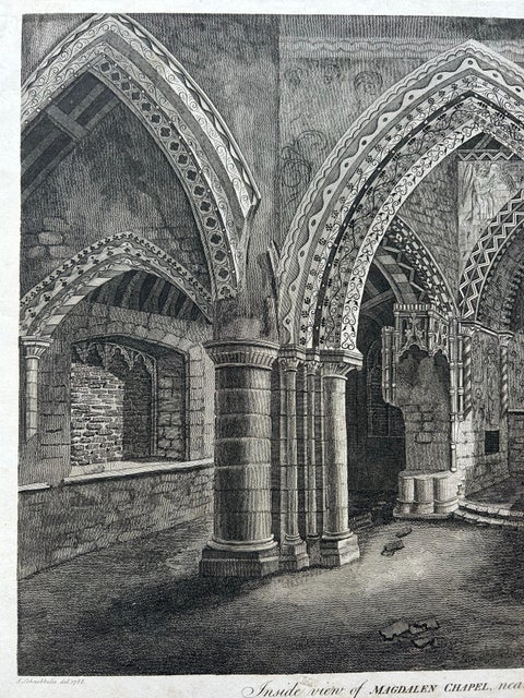 Inside View of Magdalen Chapel, Engraving of Medieval Gothic Interior, 1790, view 2