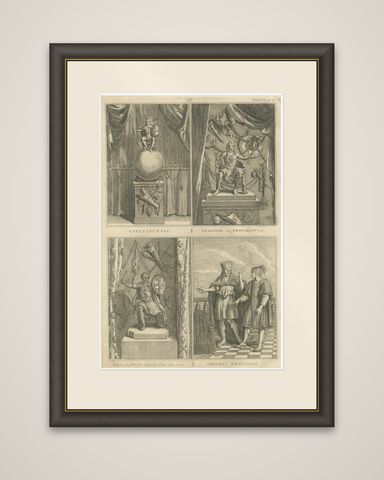 Mexican Gods and Priests, 1734 Engraving of Aztec Deities and Religious Ritual, shown framed