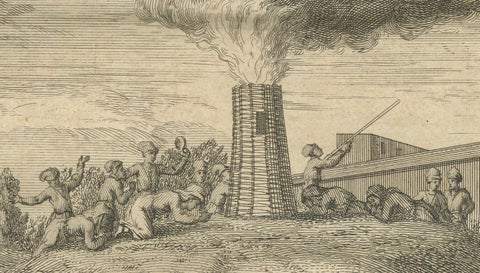 Procession of Ganga and Festival of Huly, Antique 18th Century India Engraving, close-up 4
