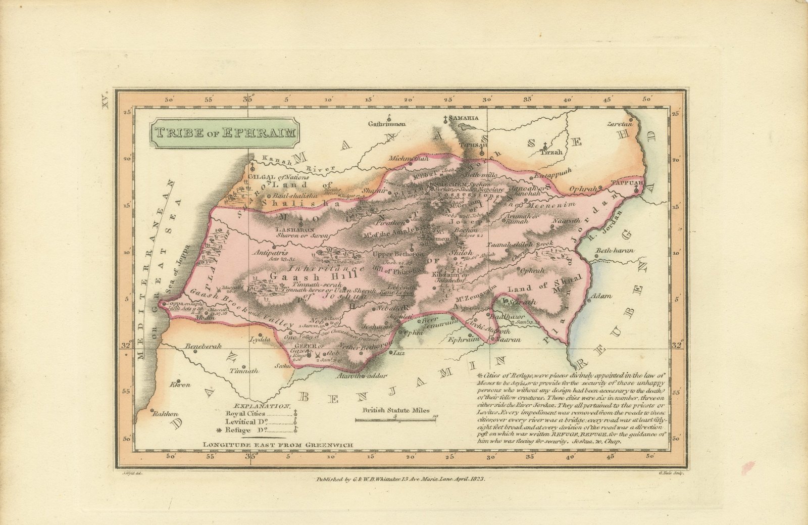 Antique Scripture Map of the Tribe of Ephraim, Hand-Colored, 1823