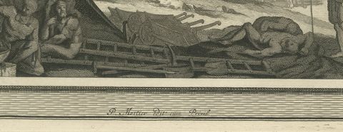 Death of Absalom and the Head of Sheba over the Wall, Pieter Mortier, circa 1700, close-up 1